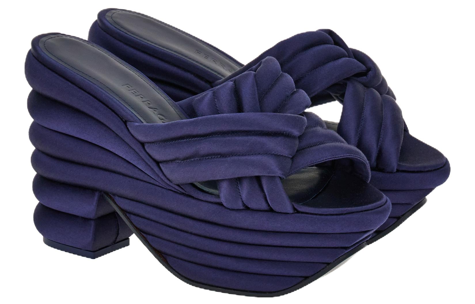 Order FERRAGAMO菲拉格慕 編織布料 套著厚底高跟 一字拖鞋 10.5cm 女款 藍色