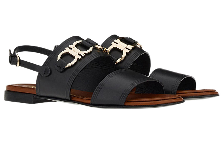 (W) FERRAGAMO Gancini-Plaque Leather Sandals 'Black' 圖 2