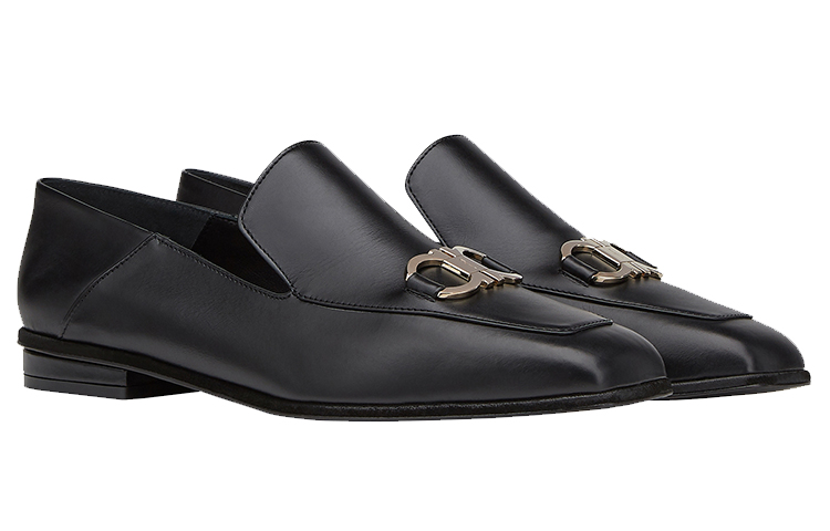 (W) FERRAGAMO Square-Toe Leather Loafers 'Black' 圖 2