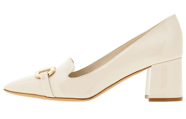 (Women) FERRAGAMO Gancini White Leather Chunky Heel Slip-On Heels 6cm Women’s Fashion Shoes 01F929 769258