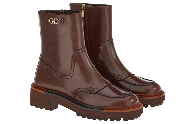 (W) FERRAGAMO Gancini Zip Short Boot 'Red Brown' 圖 3
