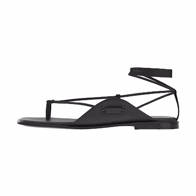 (W) FERRAGAMO Goat Leather Square Toe Flip-Flop Flats 'Black Fashion Sandals'