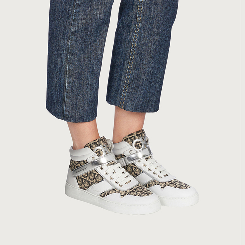 (W) FERRAGAMO High-Top Fashion Sneaker 'White Black' 圖 5