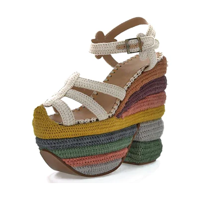(W) FERRAGAMO Layered Platform Hook-Weave Wedge 'White'