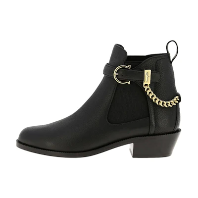 (W) FERRAGAMO Leather Ankle Boots 'Black Buckle'