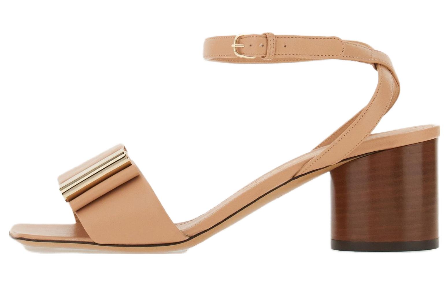 (Women) FERRAGAMO Leather Buckle Square-Toe Block Heel Sandal 'Beige' 01F915-763191