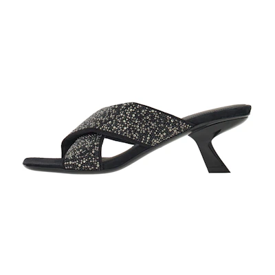 (W) FERRAGAMO Leather Cross Strap Slide 'Black Crystal'