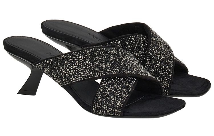 (W) FERRAGAMO Leather Cross Strap Slide 'Black Crystal' 圖 2