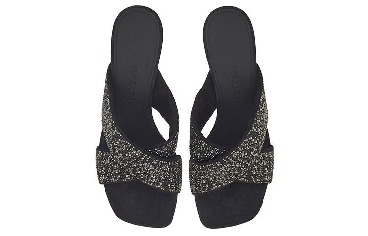 (W) FERRAGAMO Leather Cross Strap Slide 'Black Crystal' 圖 3