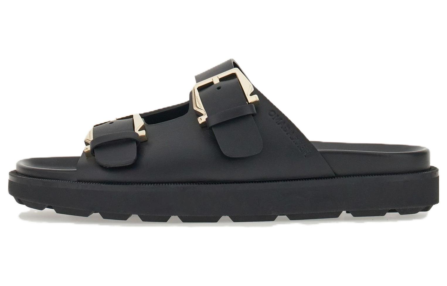 (W) FERRAGAMO Leather Double Gancini Slide 'Black'