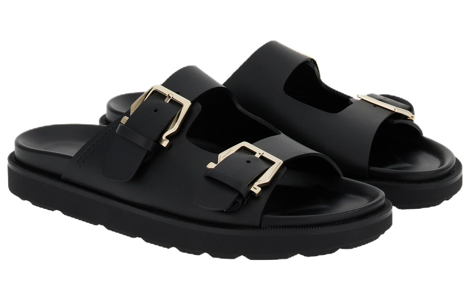 (W) FERRAGAMO Leather Double Gancini Slide 'Black' 圖 2