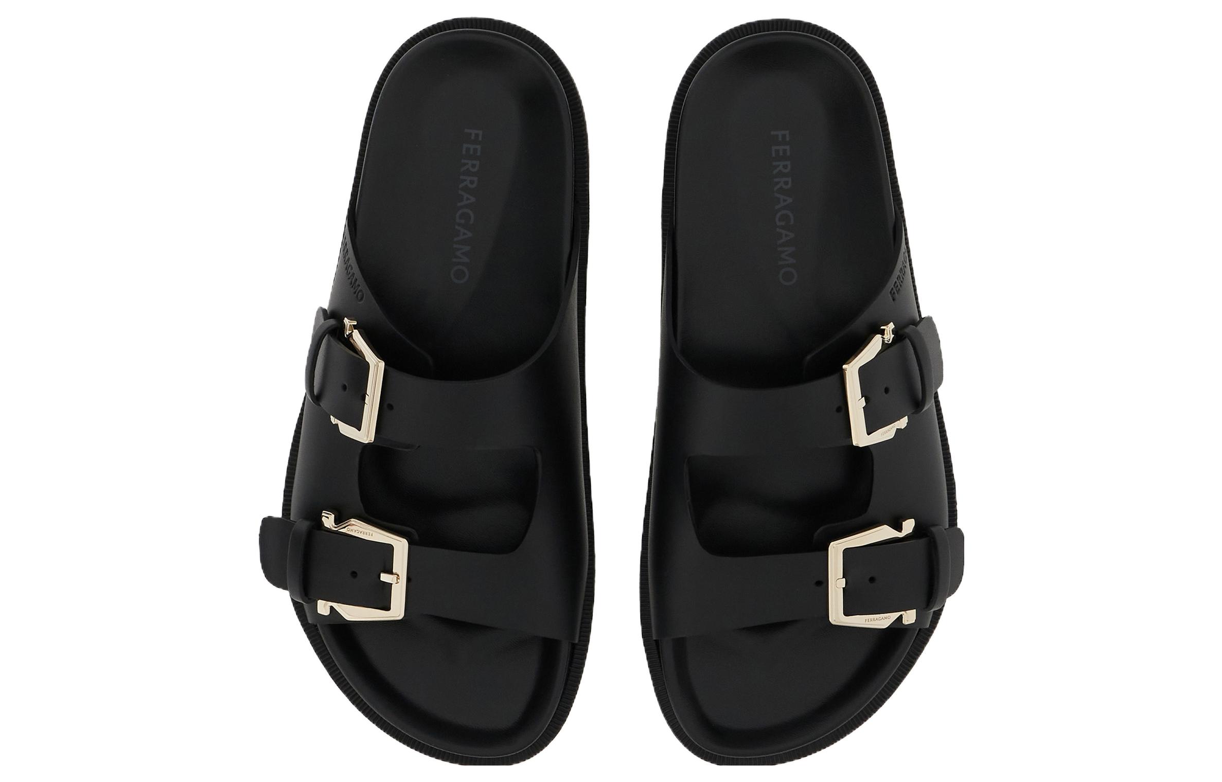 (W) FERRAGAMO Leather Double Gancini Slide 'Black' 圖 3