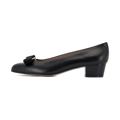 (W) FERRAGAMO Leather High Heels 'Black Chunky Heel'