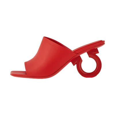 (W) FERRAGAMO Leather Mule Round Toe High Heel 'Red Fashion'
