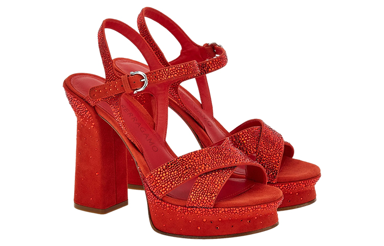 Order FERRAGAMO菲拉格繆 皮革 漸變水晶鑲飾厚底 時尚涼鞋 8.5cm 女款 紅色