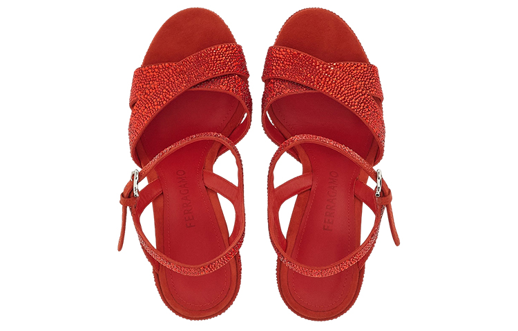 Lookbook FERRAGAMO菲拉格繆 皮革 漸變水晶鑲飾厚底 時尚涼鞋 8.5cm 女款 紅色