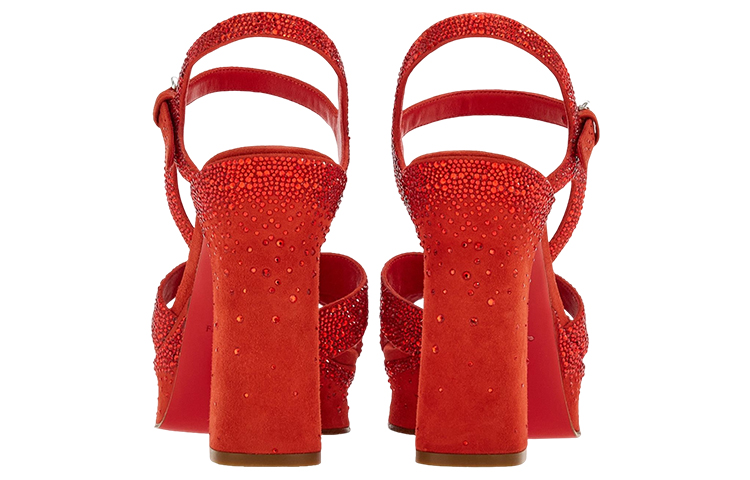 Shop FERRAGAMO菲拉格繆 皮革 漸變水晶鑲飾厚底 時尚涼鞋 8.5cm 女款 紅色
