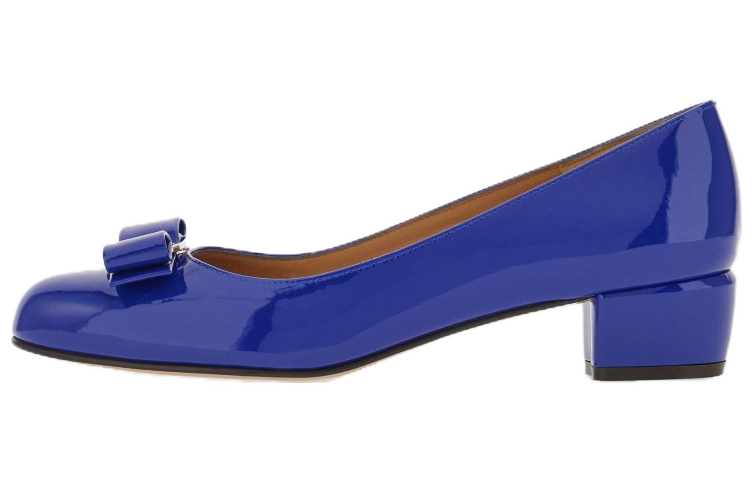 (W) FERRAGAMO Leather Round-Toe Pumps with Bow 'CMFTable Versatile Chunky Heel Blue'