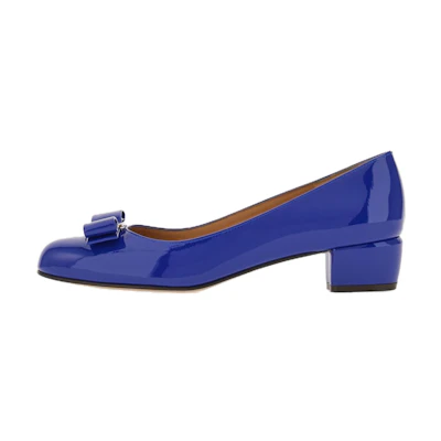 (W) FERRAGAMO Leather Round-Toe Pumps with Bow 'CMFTable Versatile Chunky Heel Blue'