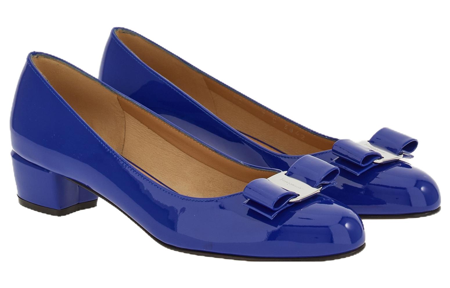 (W) FERRAGAMO Leather Round-Toe Pumps with Bow 'CMFTable Versatile Chunky Heel Blue' 圖 2