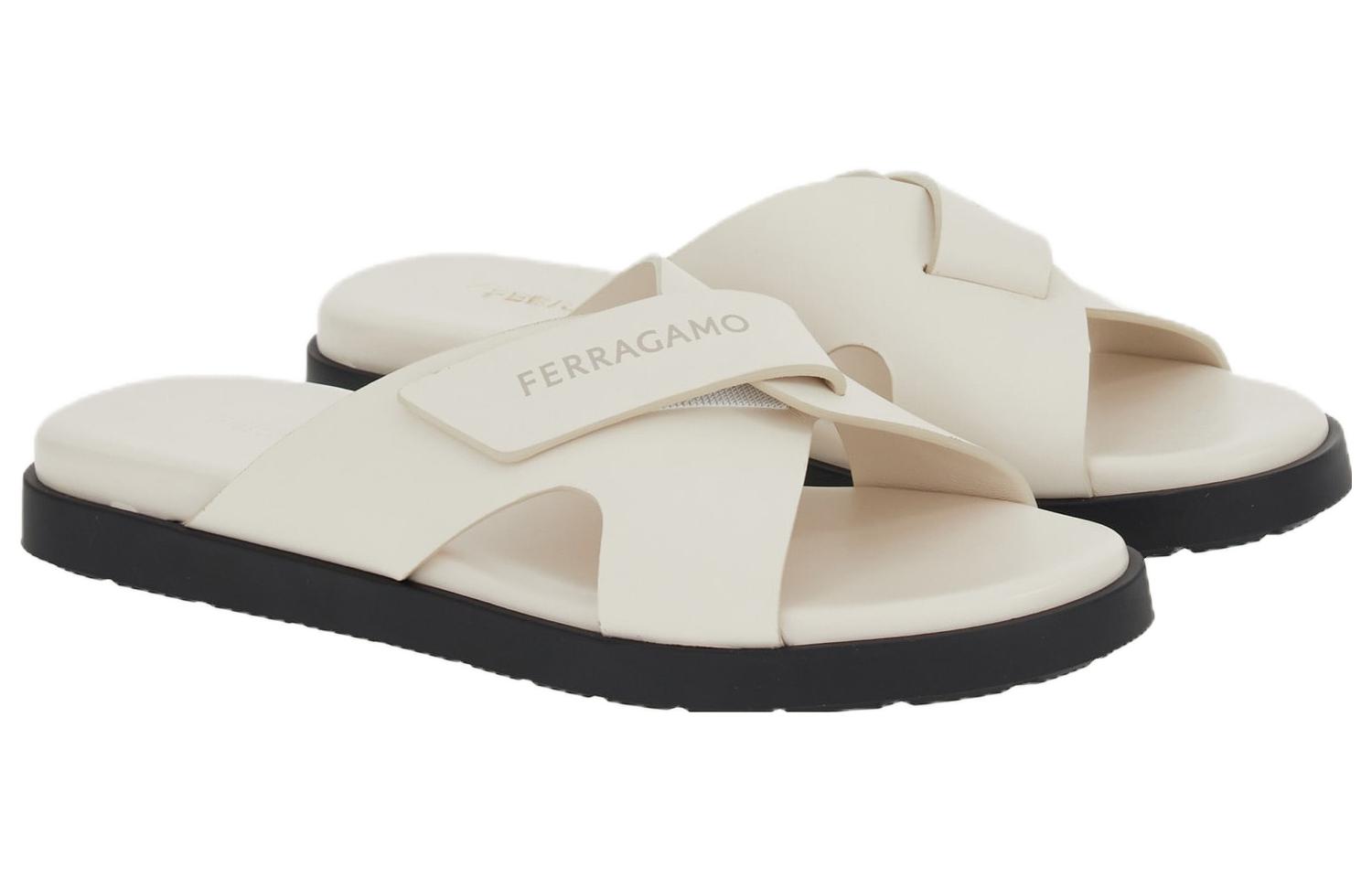 (W) FERRAGAMO Leather Slide 'White Cross-Strap' 圖 2