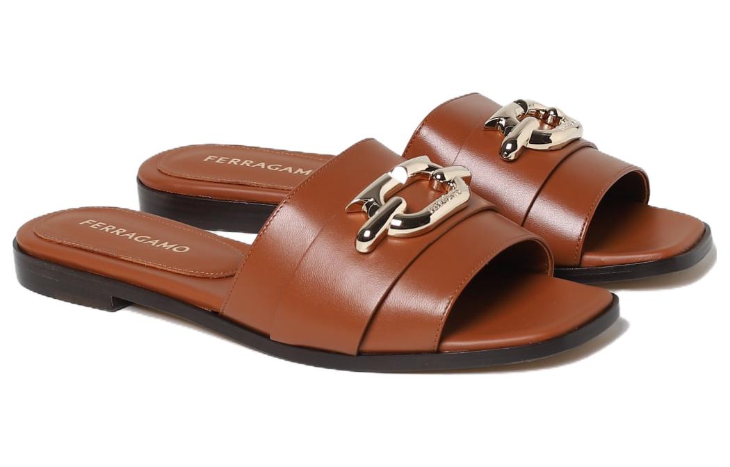 Lookbook FERRAGAMO菲拉格慕 皮革 舒適休閒 一字拖鞋 2cm 女款 棕色
