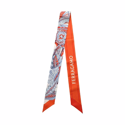 (Women) FERRAGAMO Orange Logo Patch Silk Scarf. 32080307712130771213