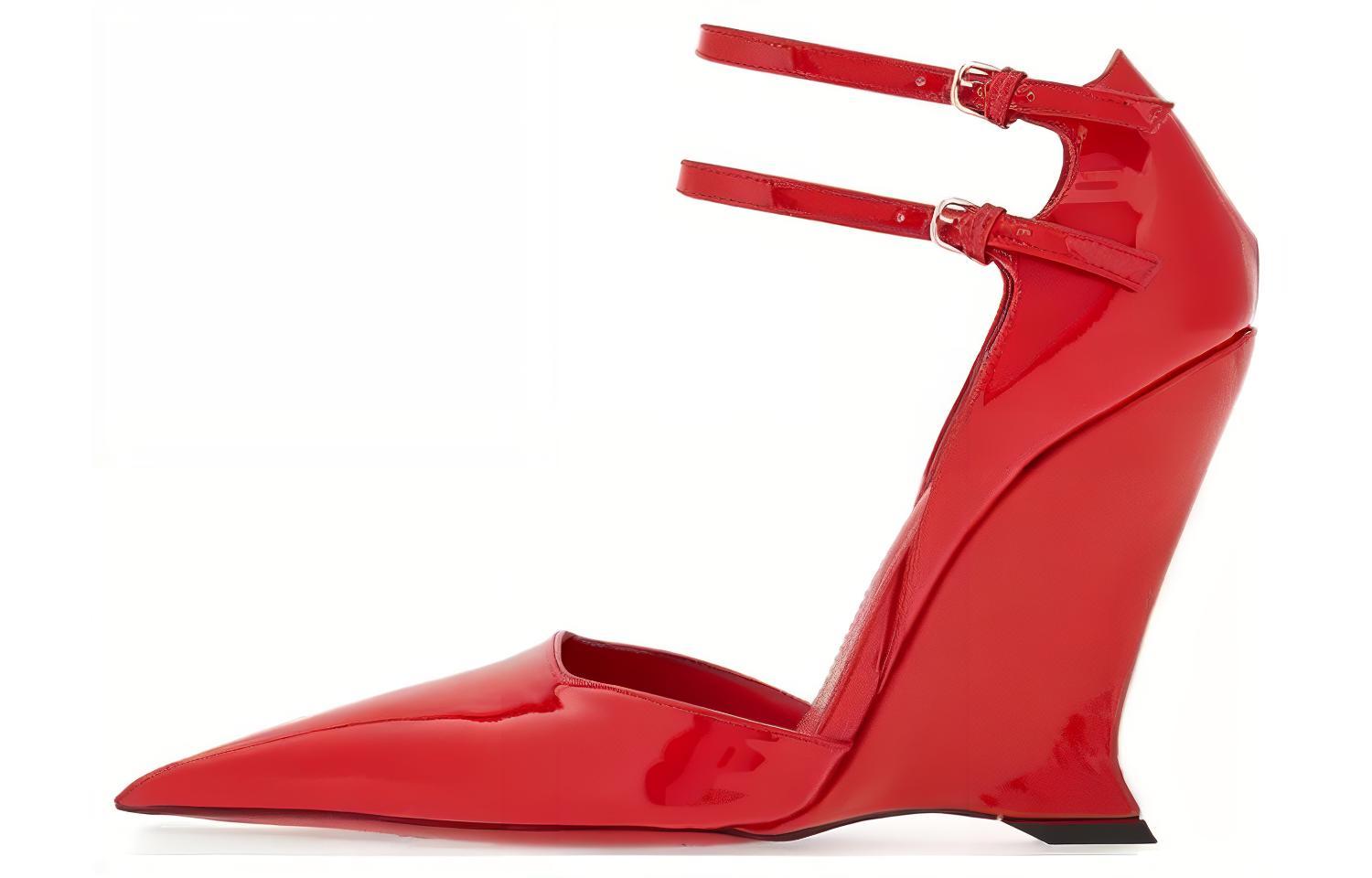 (W) FERRAGAMO Patent Leather Pointed-Toe Buckle Pumps 'Flame Red'