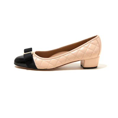 (W) FERRAGAMO Quilted Vara High Heels 'Beige Black Bow'