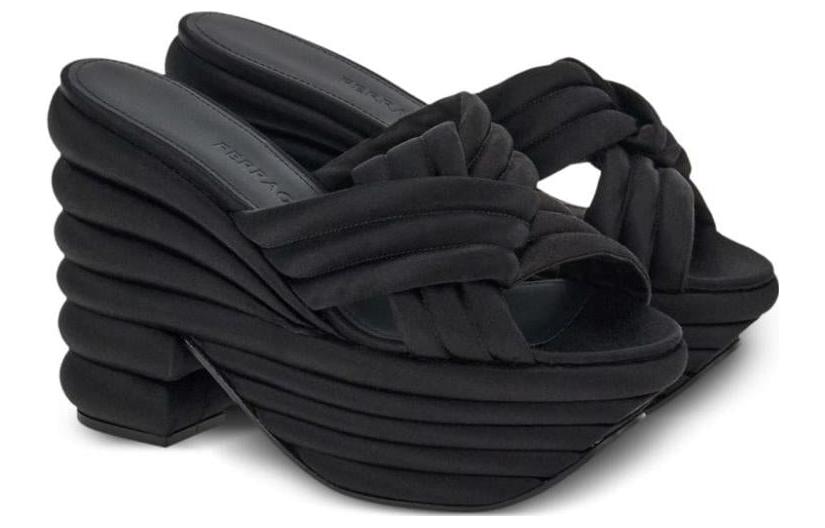 Order FERRAGAMO菲拉格慕 編織物 圓頭露趾 一條帶拖鞋 10.5cm 女款 黑色