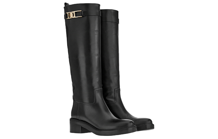 Order (W) FERRAGAMO Salvatore Gancini But Tinggi 'Kulit Anak Lembu Hitam Semi-Matte' 01C904-750681