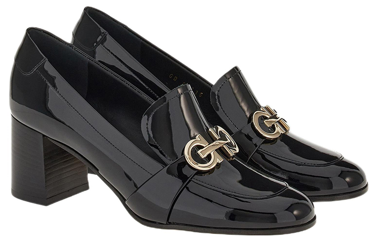 Order (W) FERRAGAMO Salvatore Gancini Tumit Tinggi Slip-On 'Kulit Hitam Berkilat' 01E171-758072