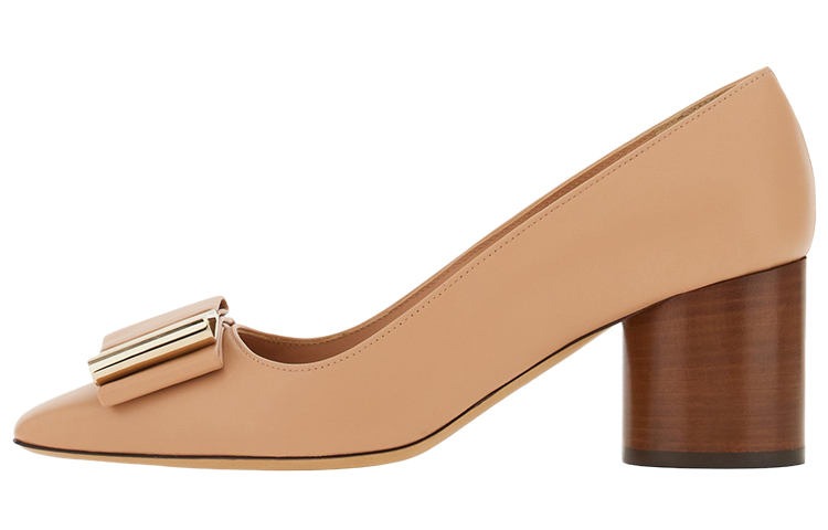 Buy FERRAGAMO菲拉格慕 皮革 雙蝴蝶結 粗跟 高跟鞋 6cm 女款 米色