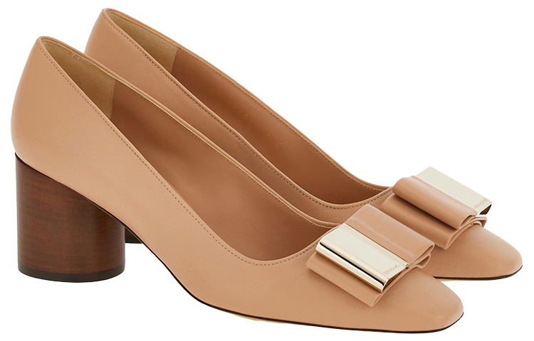 Order FERRAGAMO菲拉格慕 皮革 雙蝴蝶結 粗跟 高跟鞋 6cm 女款 米色