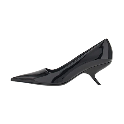 (W) FERRAGAMO Salvatore Patent Leather Pointed-Toe Slip-On Black 'Sculpted Heel'