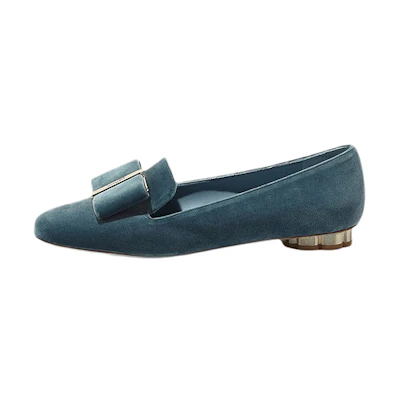 (W) FERRAGAMO Velvet Bow Flats 'Blue'