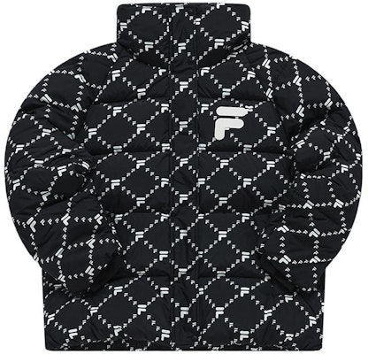 (Women) FILA Black Full-Print Logo Puffer Jacket with Stand Collar. T11W316903F-BK Order (Women) FILA Black Full-Print Logo Puffer Jacket with Stand Collar. T11W316903F-BK