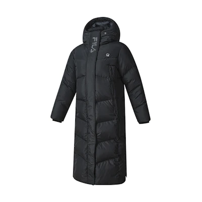 (Women) FILA Black Long Down Jacket - Casual, Warm, Relaxed Fit Hooded Coat. A11W242906FBK