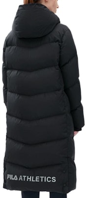(Women) FILA Black Long Down Jacket - Casual, Warm, Relaxed Fit Hooded Coat. A11W242906FBK Details for (Women) FILA Black Long Down Jacket - Casual, Warm, Relaxed Fit Hooded Coat. A11W242906FBK