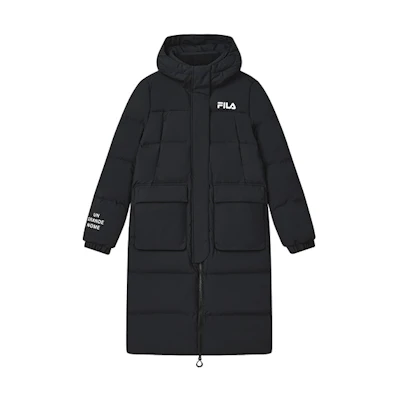 (Women) FILA Black Long Hooded Down Jacket - Minimalist Warm Windproof Design F11W249906FBK