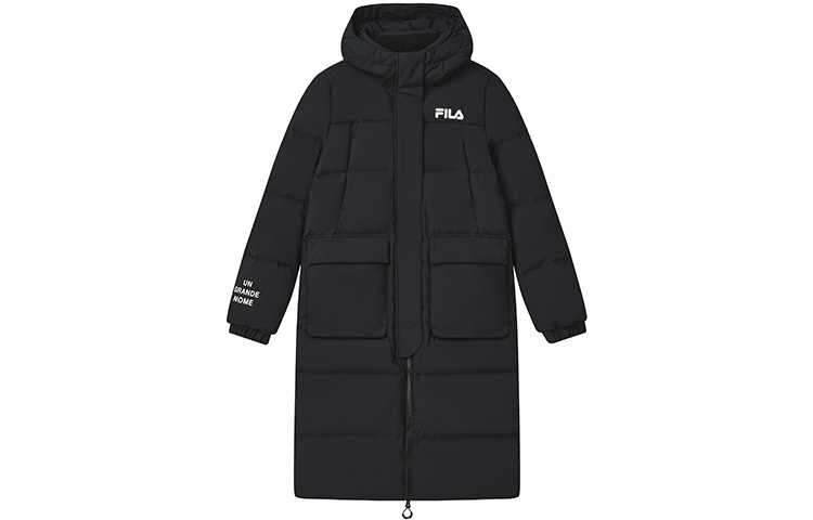 Order (W) FILA ブラックロングフードダウンジャケット - ミニマリストな暖かい防風デザイン F11W249906FBK