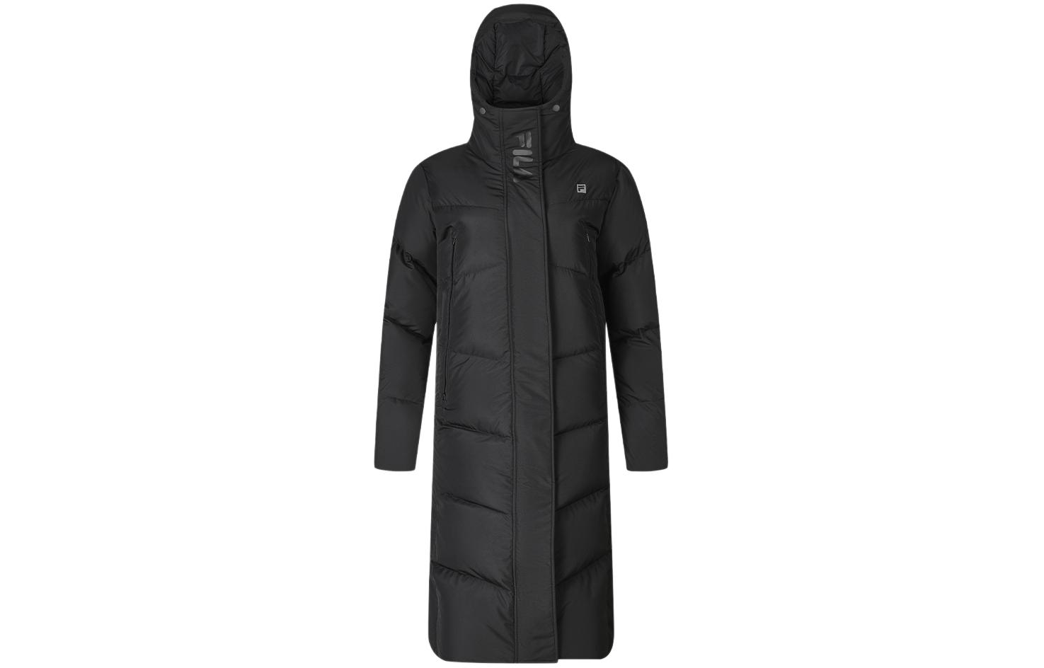 (Women) FILA  Black Long Hooded Down Jacket for Running and Warmth. A61W342906A-BK