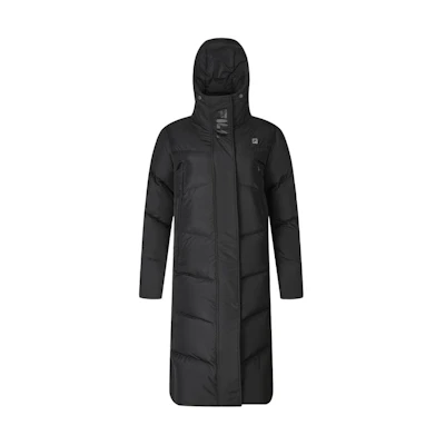 (Women) FILA Black Long Hooded Down Jacket for Running and Warmth. A61W342906A-BK