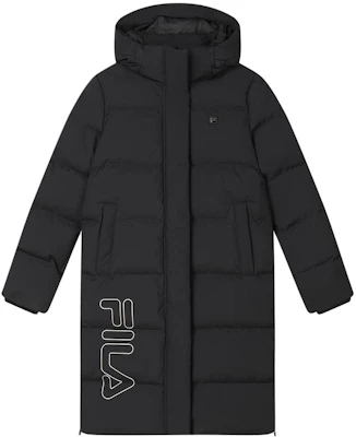 (W) FILA Chaqueta Negra Acolchada con Capucha y Logo Impreso de Largo Medio F11W347901F-BK Order (W) FILA Chaqueta Negra Acolchada con Capucha y Logo Impreso de Largo Medio F11W347901F-BK