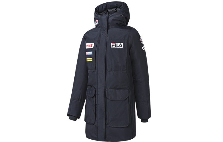 (Women) FILA  Blue Long Down Jacket with Logo Embroidery and Windproof Warm Design. A11W246910F-NV