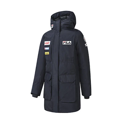 (Women) FILA Blue Long Down Jacket with Logo Embroidery and Windproof Warm Design. A11W246910F-NV