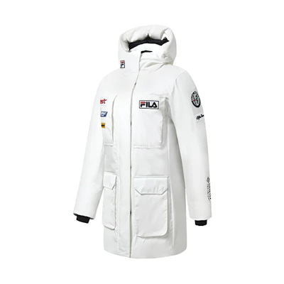 (Women) FILA Embroidered Hooded Windproof Goose Down Jacket White Jade Color. A11W246910F-WT