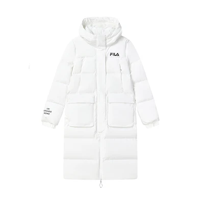 (Women) FILA Long Down Coat with Hoodie Standard White Simple Logo Design F11W249906FWT