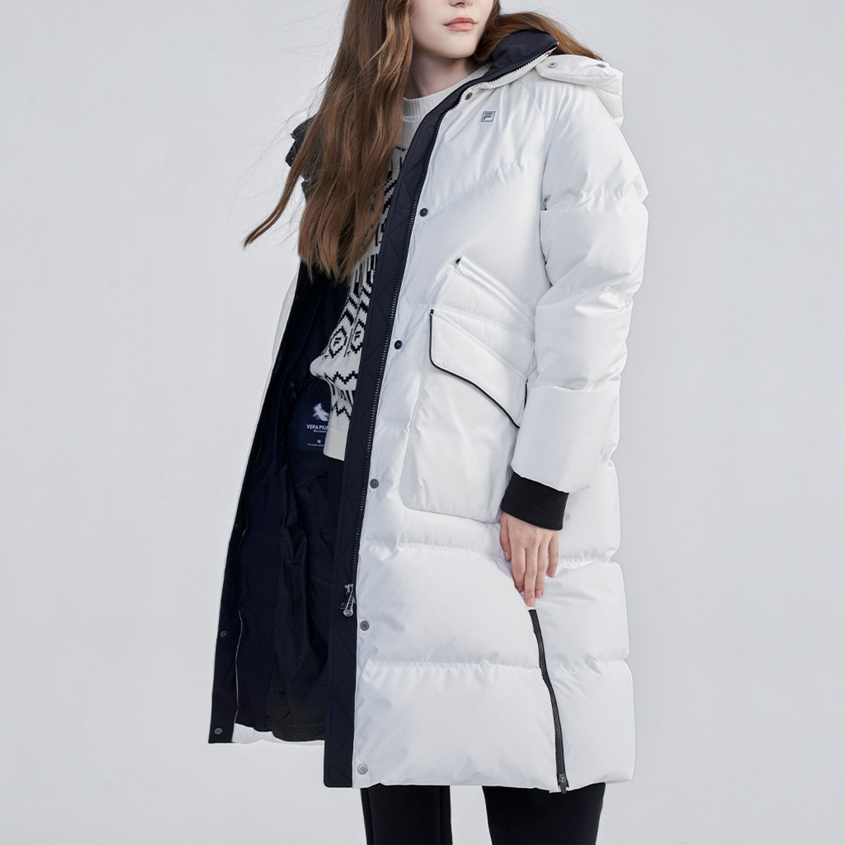 (Women) FILA  Long Down Jacket Plain White Hooded Casual Warm Coat. F11W344912F-WT 圖 4