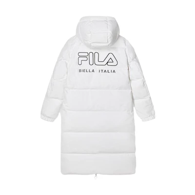 (Women) FILA Long Down Jacket with Logo Print Hoodie in Standard White. F61W349906A-WT